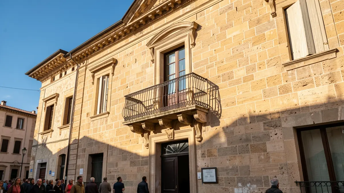 Generic image of a municipal building with a balcony and blue sky.
