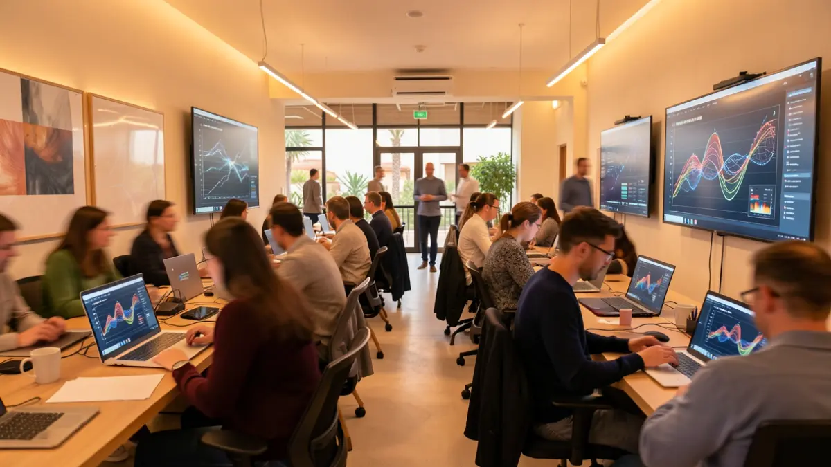 Imagen de un centro de capacitación digital moderno en Lanzarote con personas utilizando tecnología.