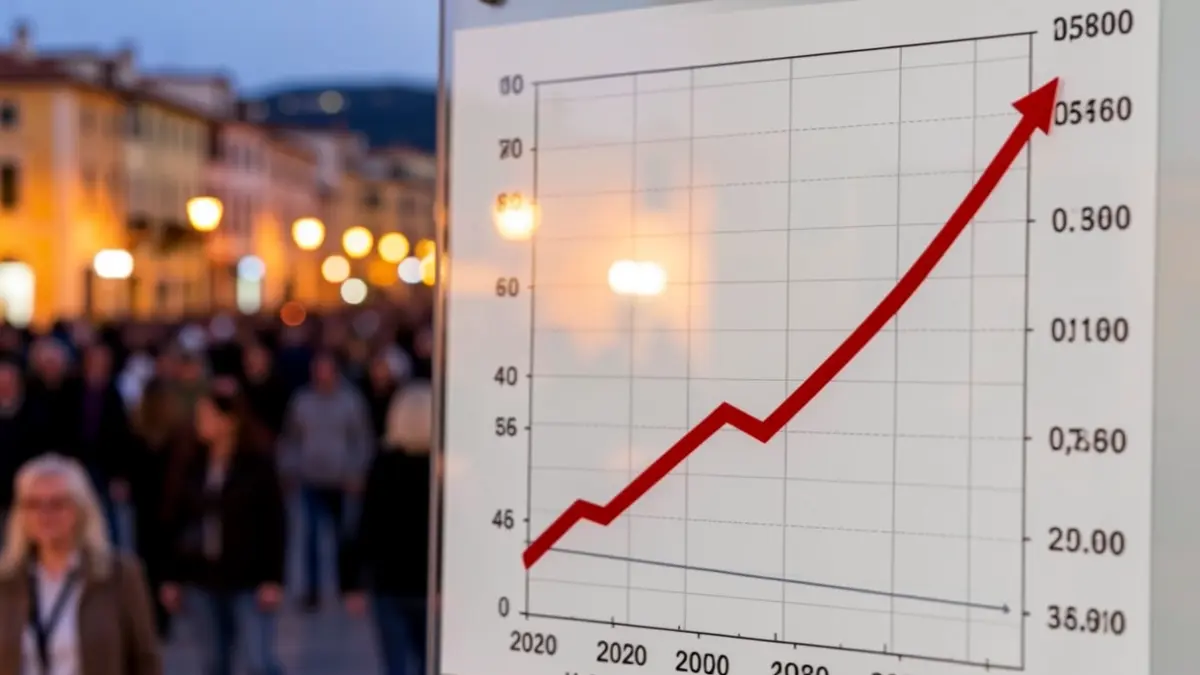 Generic image of a graph showing a downward trend, with a red line indicating unemployment figures. The background is a blurred Mediterranean cityscape at dusk, with warm lights.