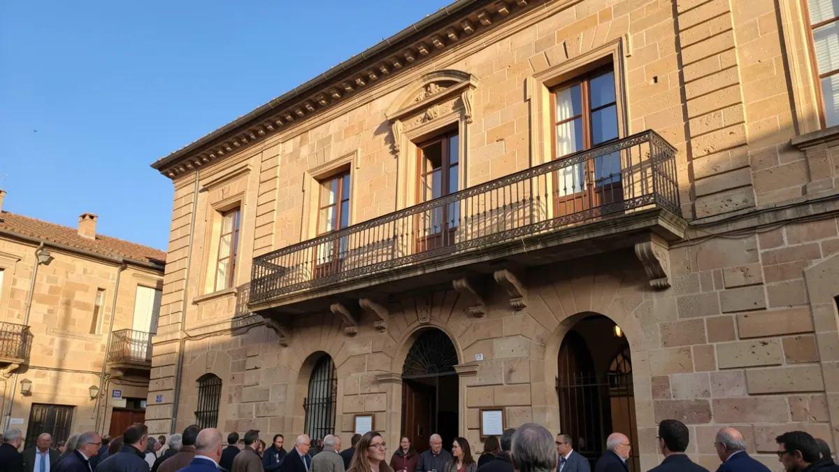 Imagen genérica. Fachada de piedra de un ayuntamiento del País Vasco con balcón y barandillas de hierro ornamentadas, luz cálida de la tarde proyectando sombras.