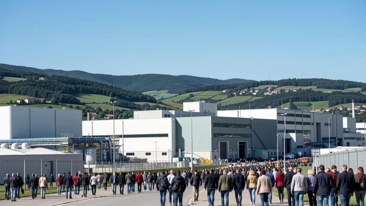 Generic image: with modern factories and green hills in the background, under a clear blue sky.