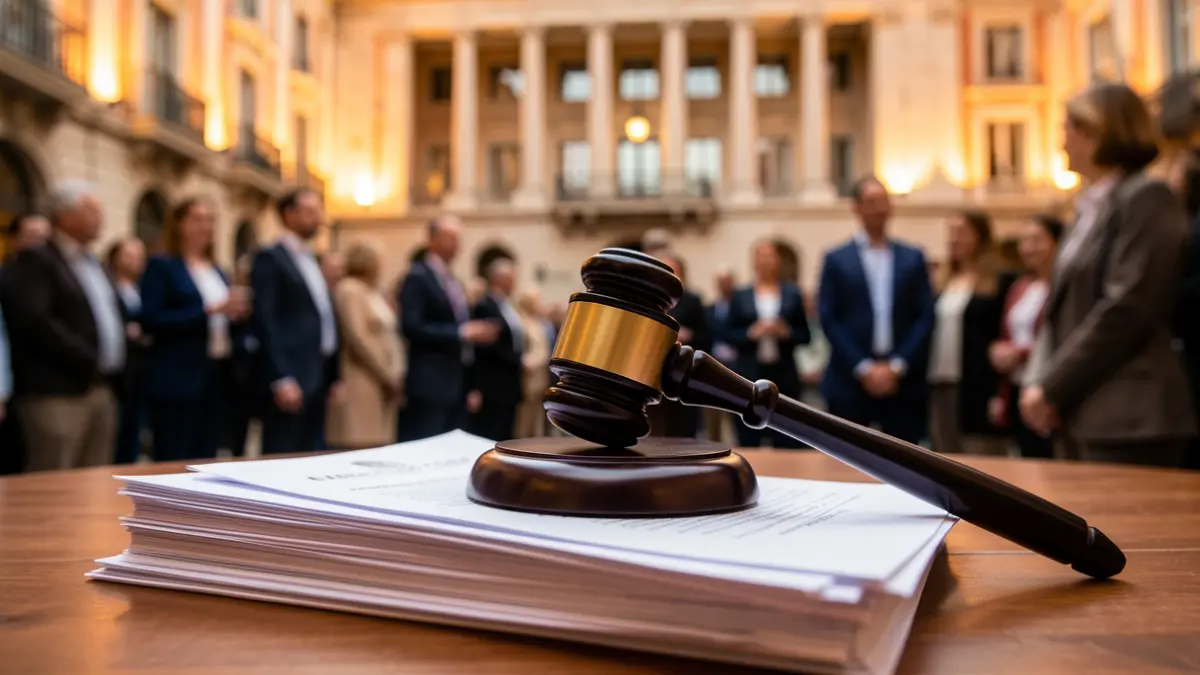 Generic image of a judge's gavel on official documents with an institutional building in the background.