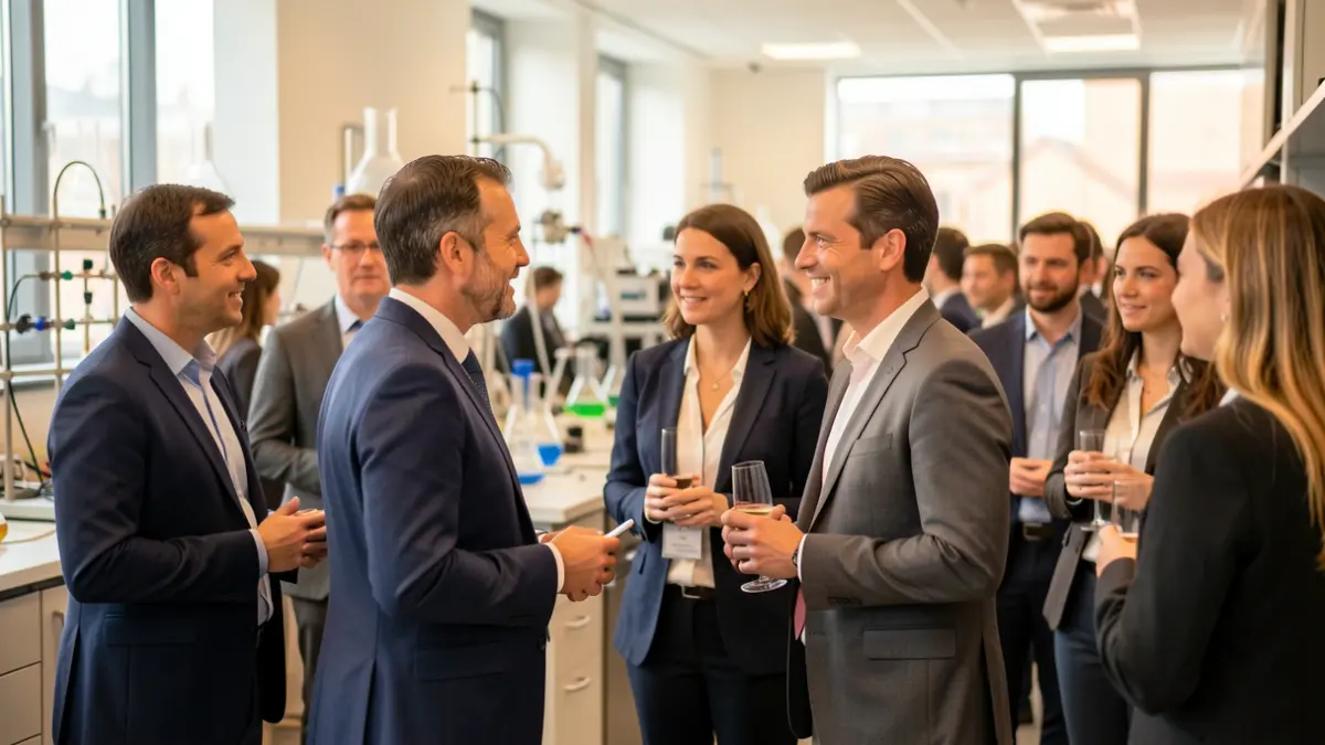 Imagen genérica de profesionales internacionales interactuando en un entorno de laboratorio moderno con equipamiento científico al fondo.