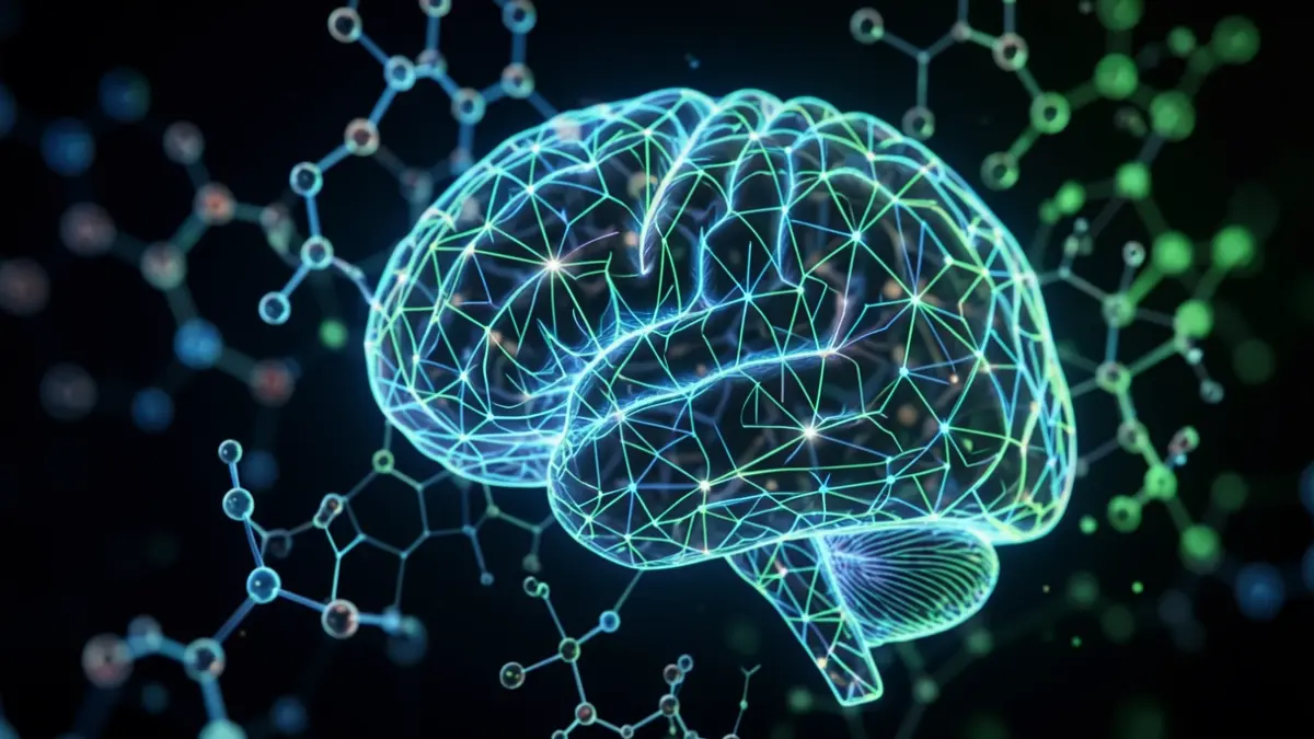 Generic image of glowing neural network patterns intertwined with molecular structures.
