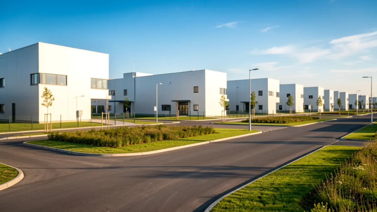 Generic image of a modern industrial park with clean buildings and wide roads under a blue sky.