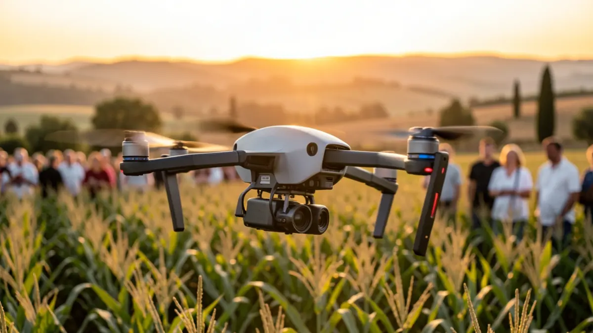Generic image of an agricultural drone over a field at sunset.