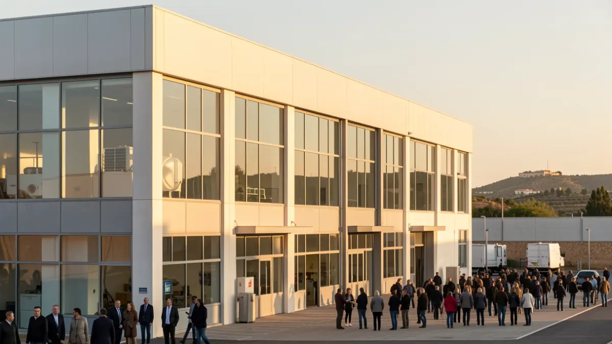 Facade of a modern industrial building in Andalusia, symbolizing manufacturing innovation.