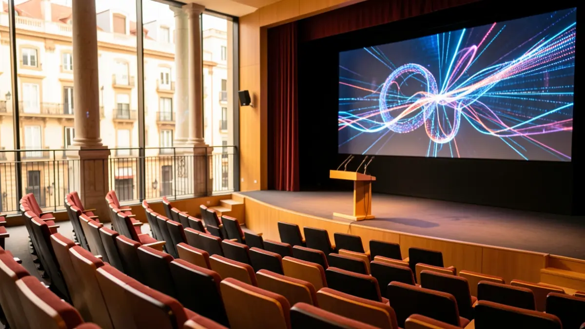 Image of a modern auditorium in Madrid during a forum on artificial intelligence and emerging technologies.