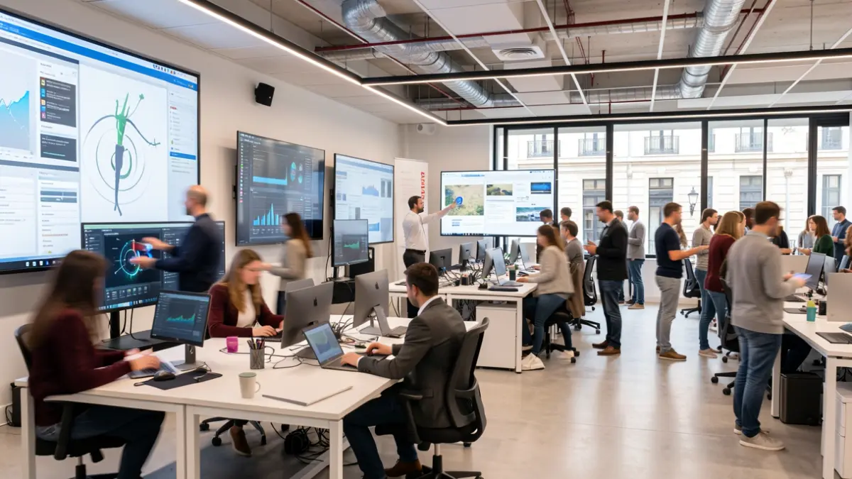 Image of a modern training center in Madrid with digital screens and collaborative workspaces.