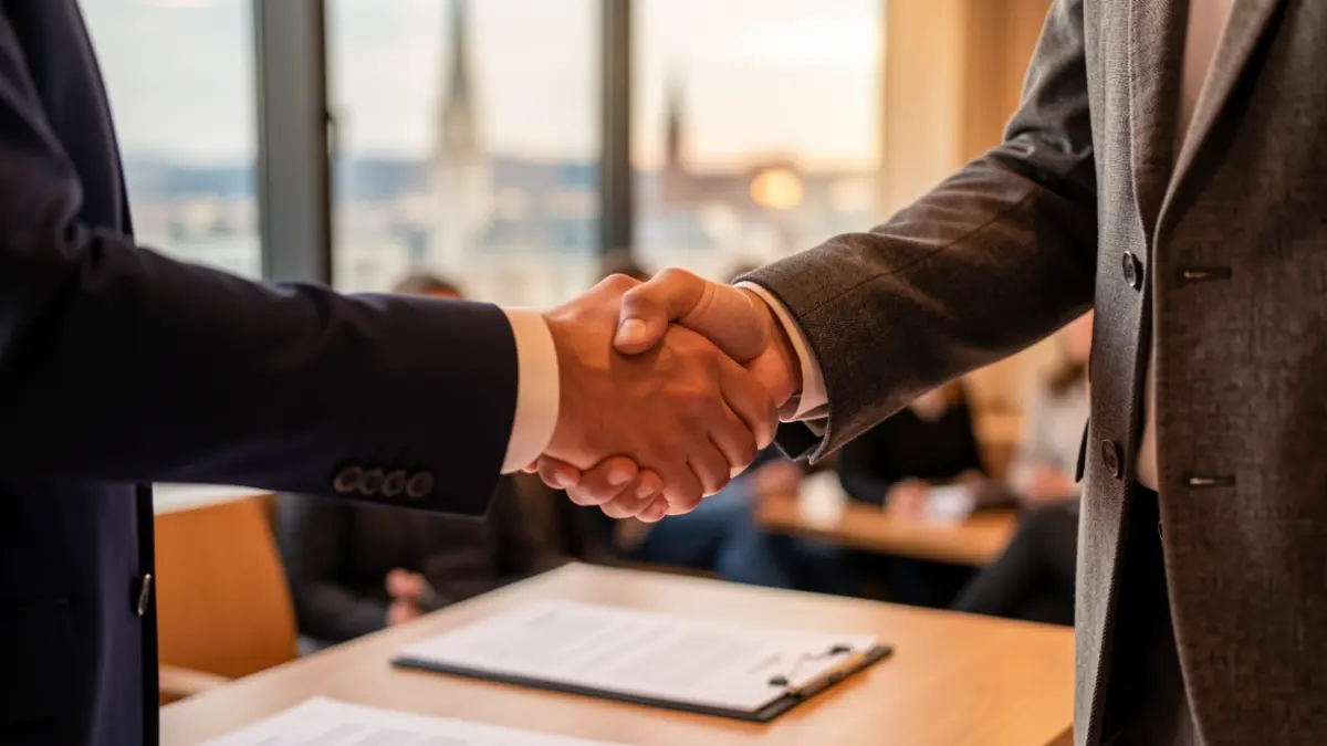 Generic image of a handshake between two business people with a blurred urban background.