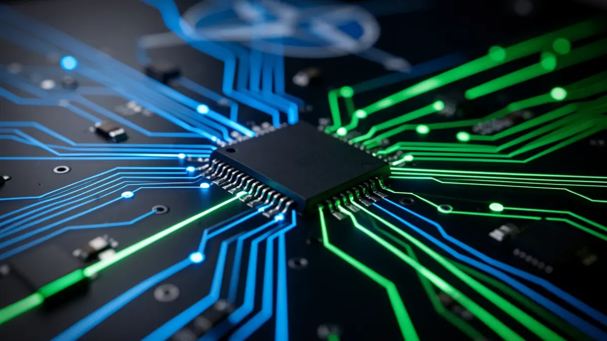 Generic image of an electronic circuit board with glowing blue and green lines, representing innovation in defense technology.