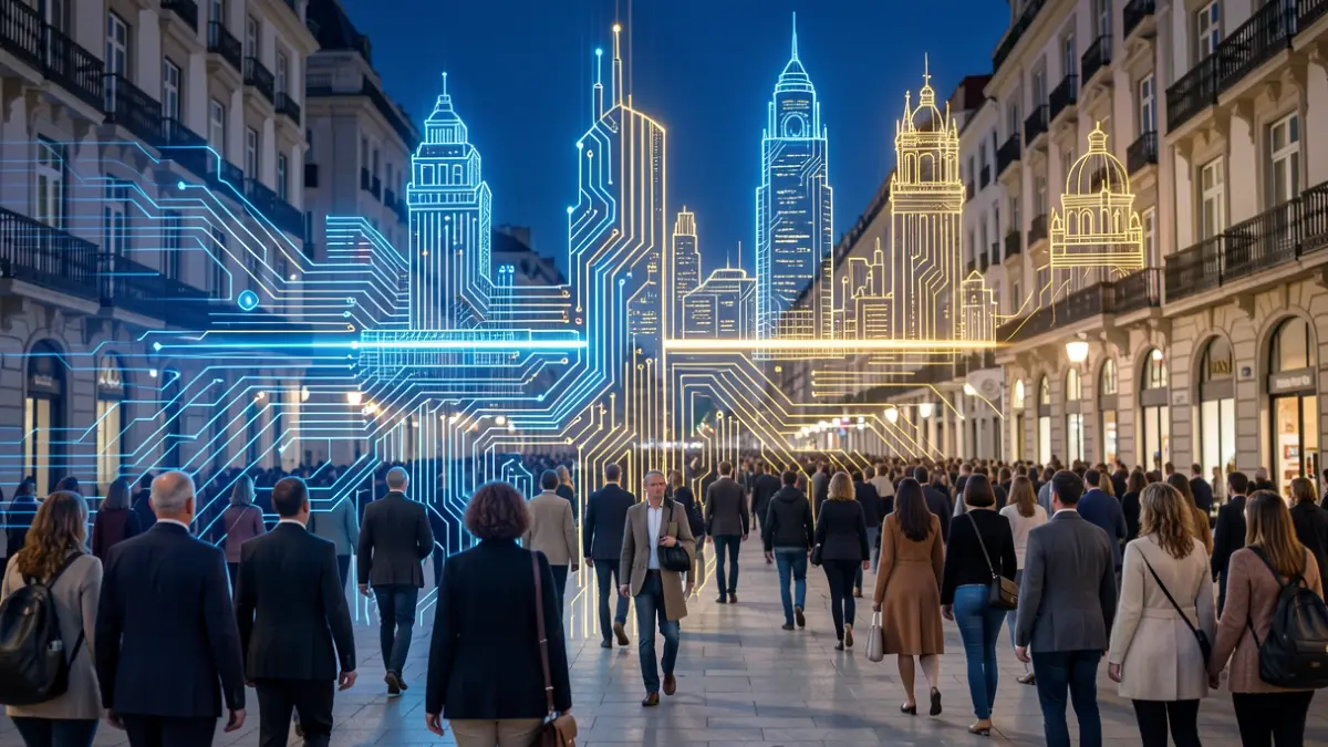 Abstract representation of technological innovation and digital transformation in Madrid with circuit patterns and urban silhouette.