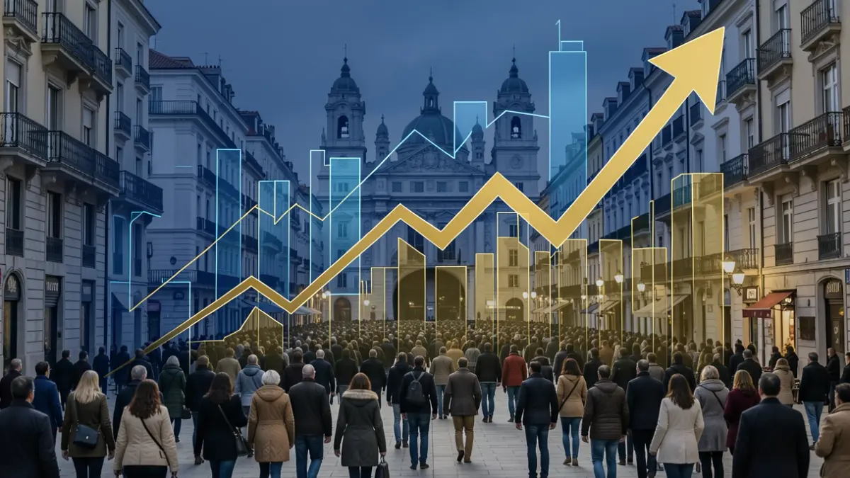 Generic image of economic growth in Madrid with graphs and urban silhouette.