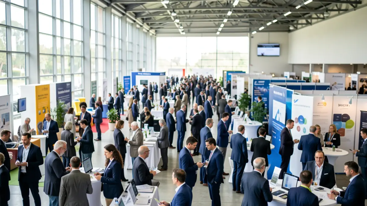 Generic image of a business and talent fair with many people and booths.
