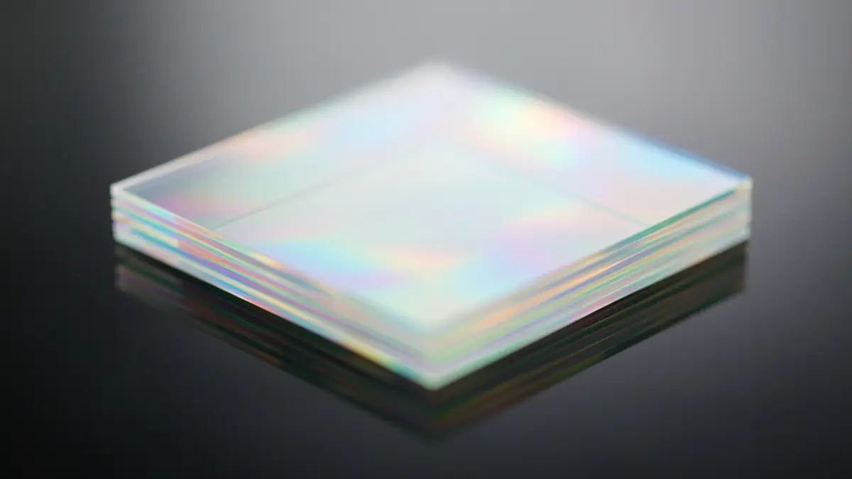Generic image: Close-up of a stack of thin, translucent 2D material layers with subtle iridescent colors, arranged in a precise geometric pattern on a dark, reflective surface. Soft, diffused light highlights the edges, suggesting conductivity. Abstract, scientific, and clean aesthetic.