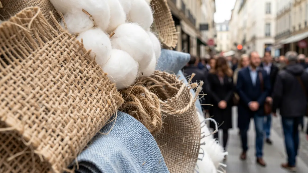 Imagen genérica de diferentes materiales fibrosos naturales y reciclados, como algodón, yute y poliéster reciclado, con luz suave.