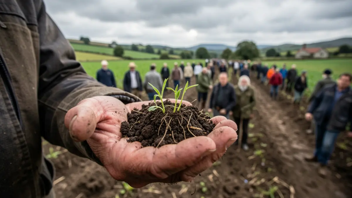 Imagen genérica de manos de una persona agricultora sosteniendo tierra con brotes verdes, con campos agrícolas y cielo nublado al fondo.