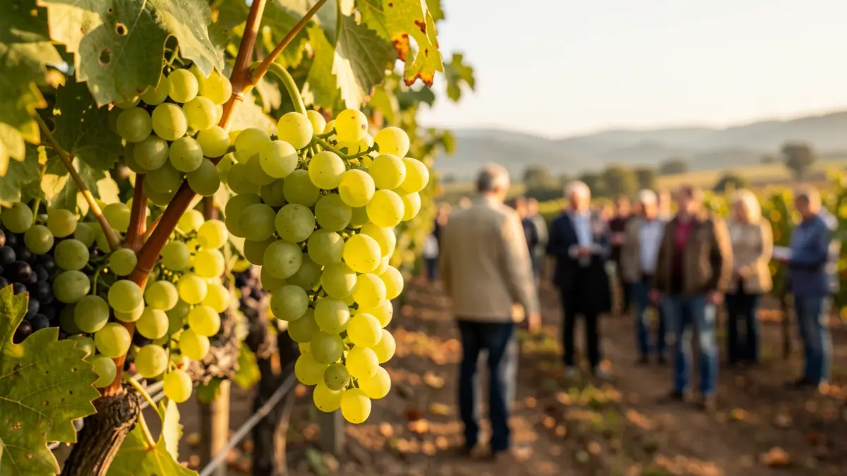 Racimo de uvas verdes maduras en una vid, con un fondo desenfocado de un viñedo en Monterrei, Galicia, durante la temporada de cosecha.