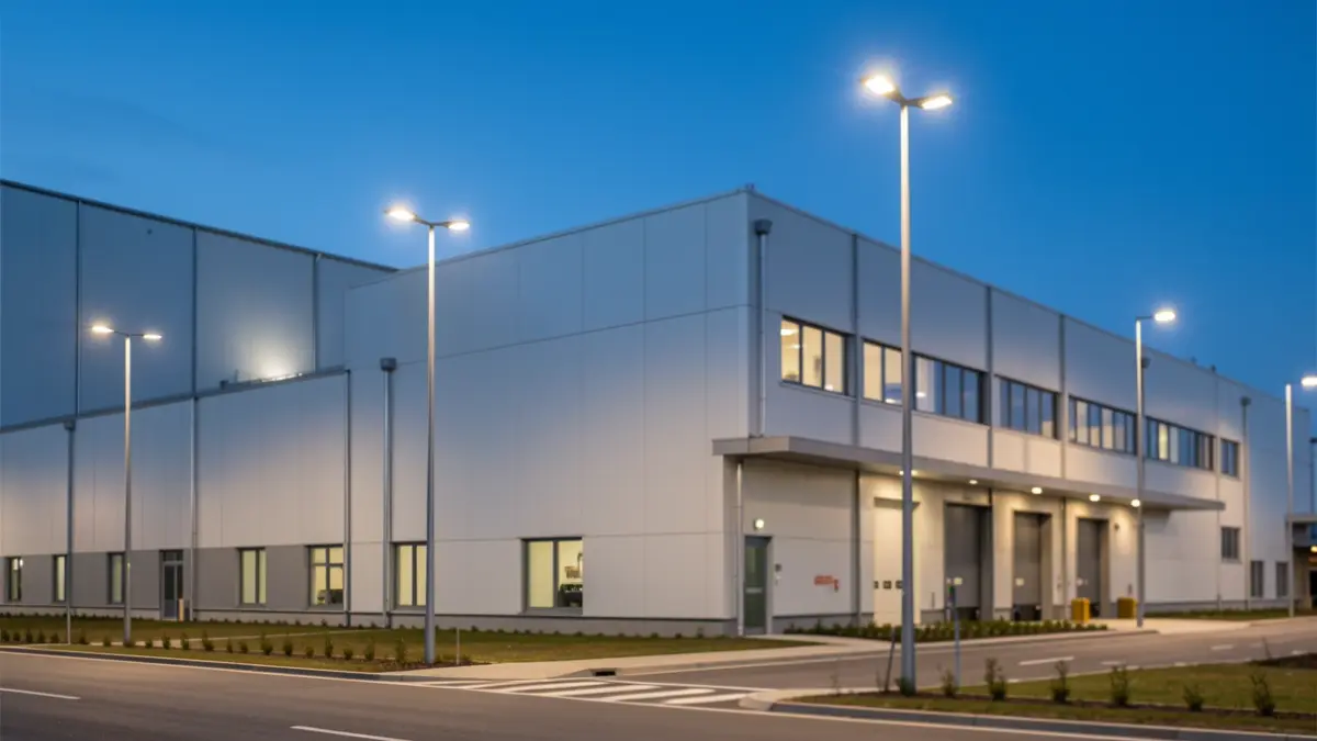 Imagen de un polígono industrial con las nuevas luminarias LED instaladas.