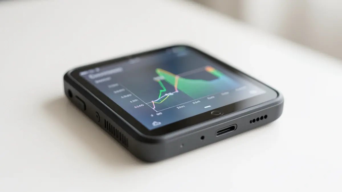 Generic image of a portable electronic device with sensors, displaying real-time flexion data on a blurred screen.