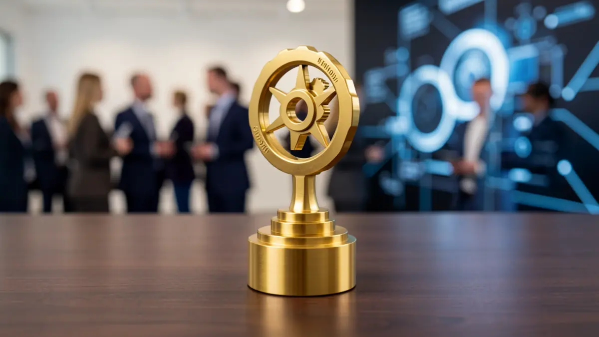 Generic image: A golden engineering award trophy on a dark wooden desk, with blurred abstract technological elements in the background.