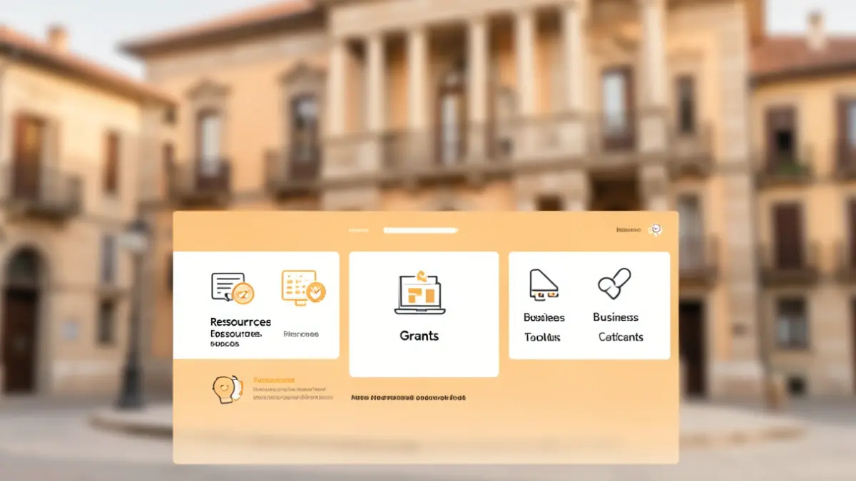Imagen genérica de una interfaz web para el apoyo al emprendimiento con iconos de recursos y herramientas.