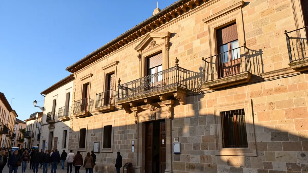 Facade of the Móstoles City Hall with a balcony and iron railings, illuminated by the afternoon sun.