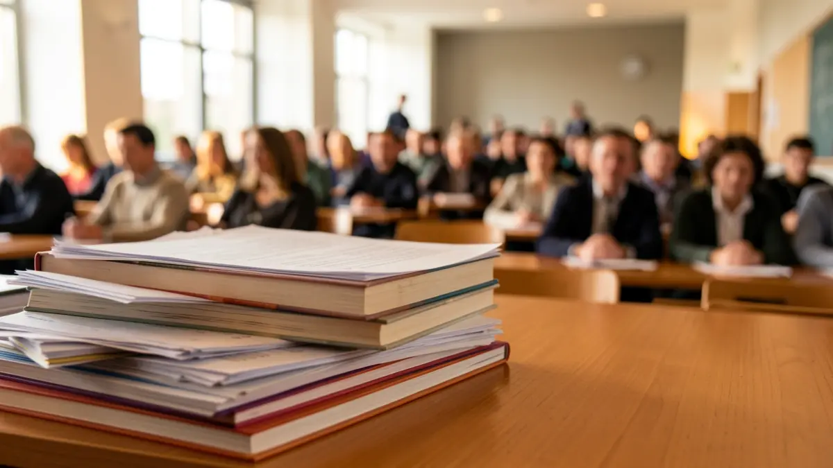 Imagen genérica de libros y papeles sobre un escritorio en una sala de conferencias universitaria.