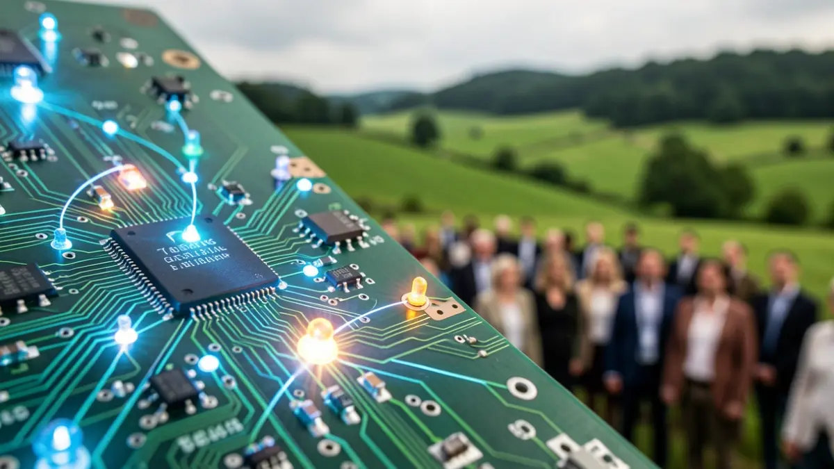 Generic image of an electronic circuit with glowing nodes over a green landscape.