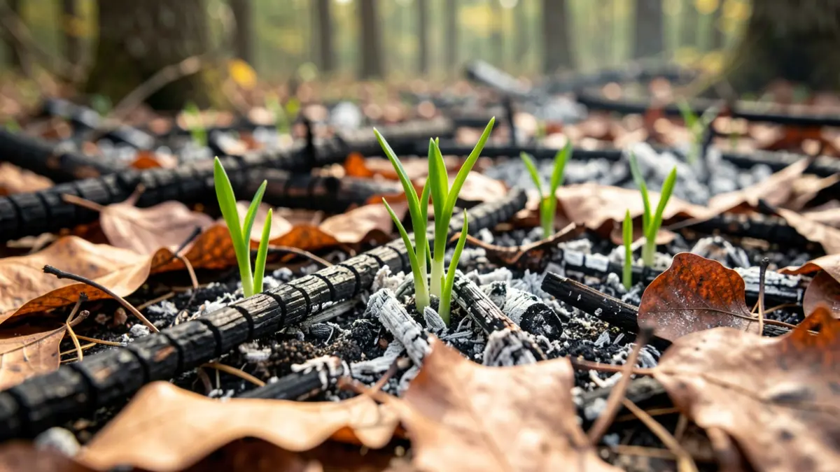 Imagen genérica de hojas quemadas en el suelo de un bosque con brotes verdes emergiendo.