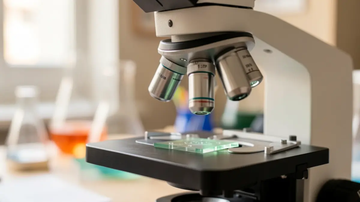 Generic image of a laboratory microscope with a sample, soft ambient light, and shallow depth of field.