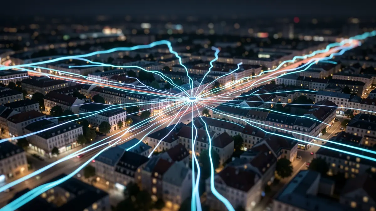 Visualización abstracta del flujo de energía en una red urbana inteligente.