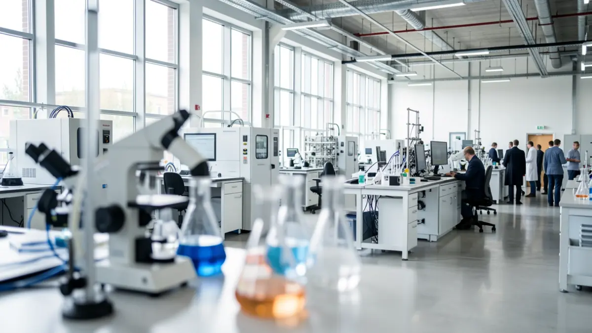 Imagen de un laboratorio de investigación industrial moderno con equipamiento tecnológico.