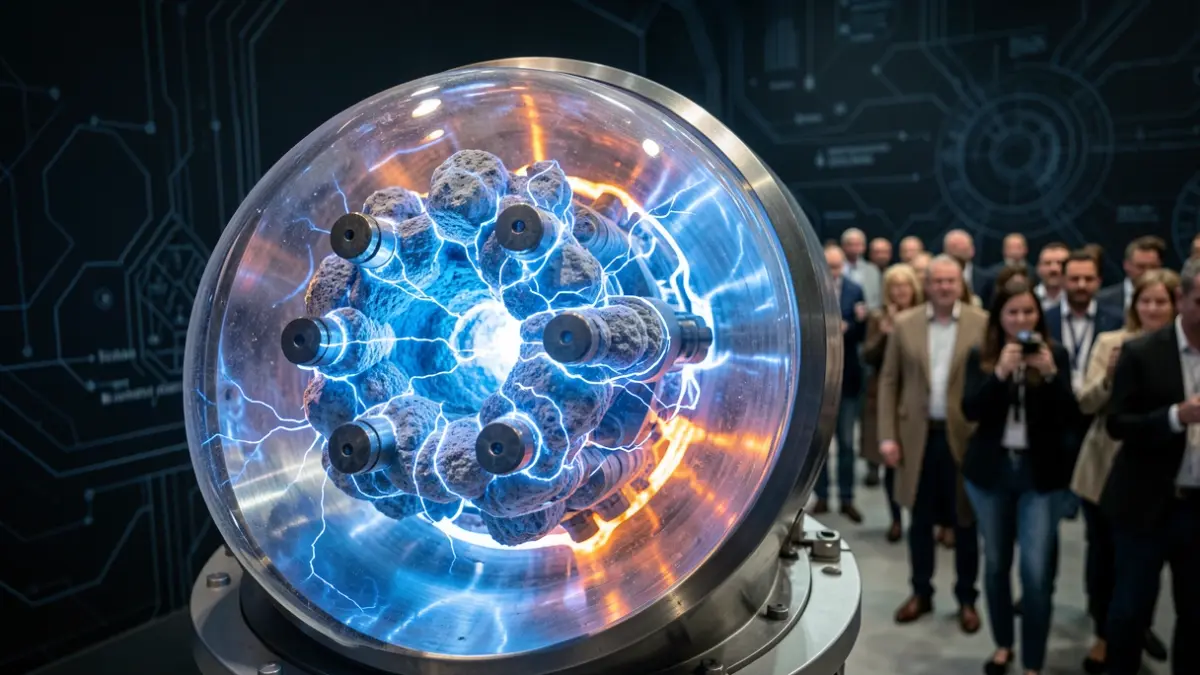 Imagen genérica de un reactor de sales fundidas con energía azul brillante, representación abstracta de la propulsión nuclear.
