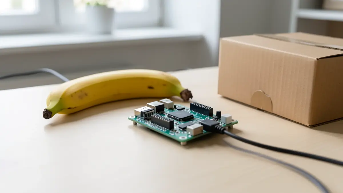 Primeiro plano dunha placa Makey Makey conectada a obxectos cotiáns como un plátano e unha caixa de cartón, sobre unha mesa moderna.