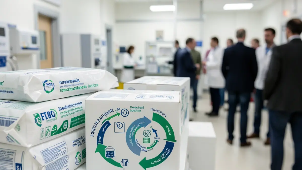 Generic image of healthcare supply chain elements and circular economy graphics.