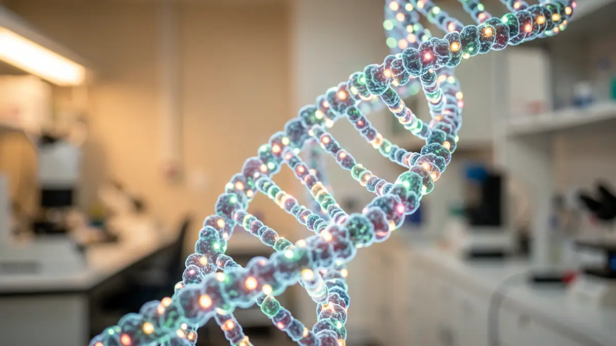 Estructura de hélice de ADN brillante en un laboratorio.