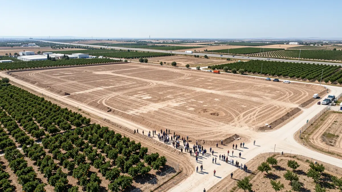 Generic image of land prepared for a business park with surrounding crops.