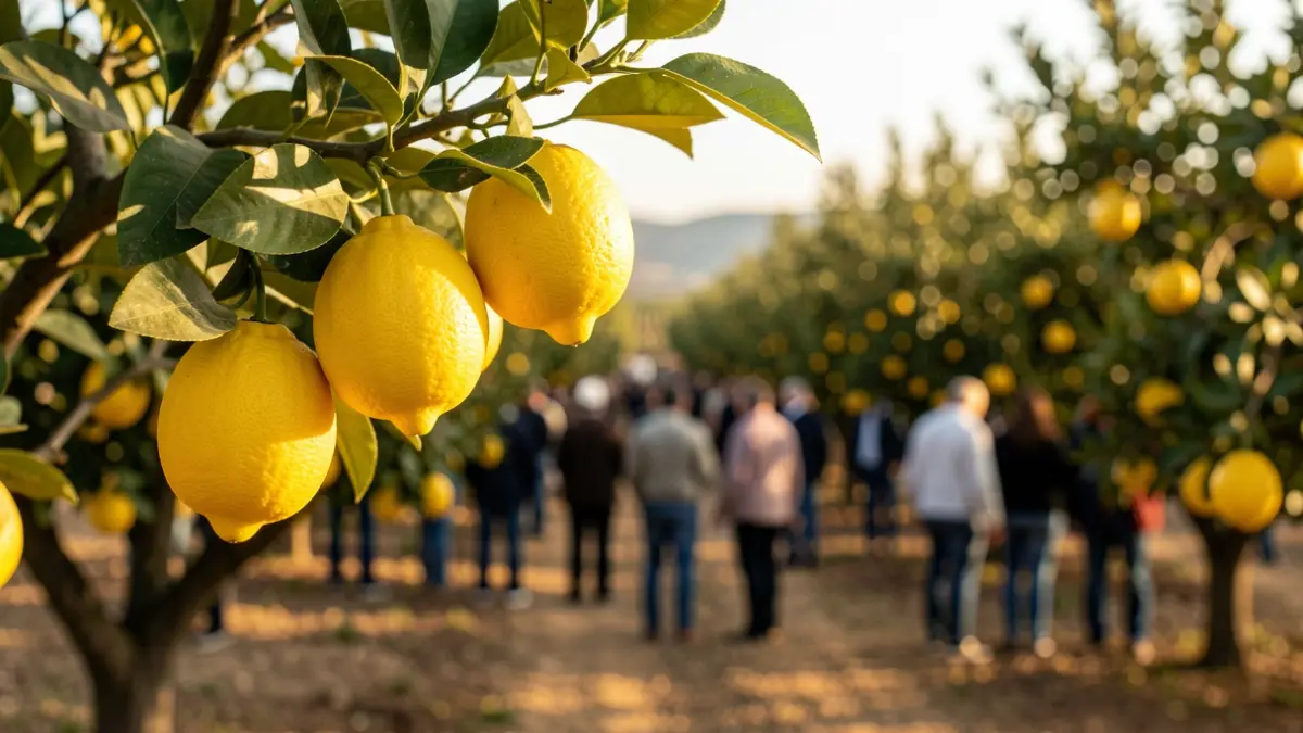 Generic image of lemons on a branch with an orchard background in Orihuela.