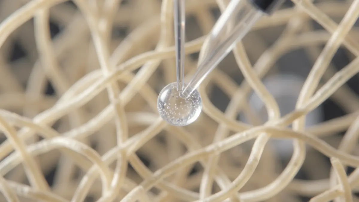 Generic image: Close-up of a microscopic particle trapped in a microscopic network, with diffused light.