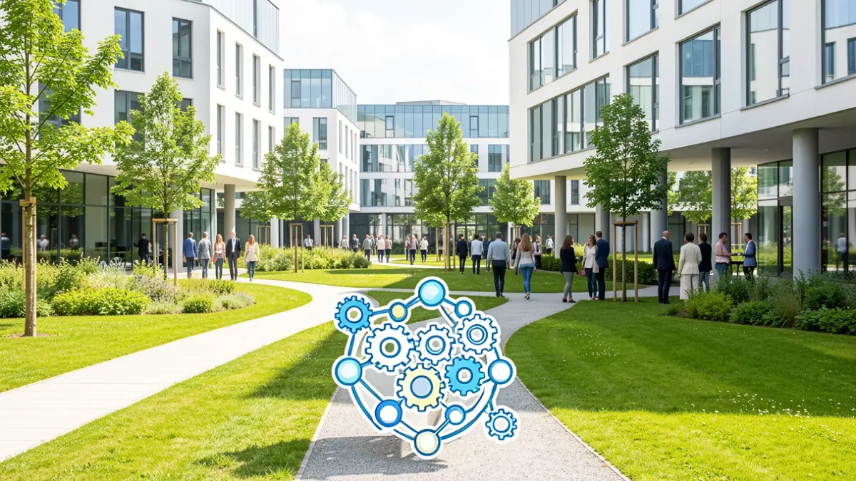 Imagen genérica de un parque empresarial moderno con elementos de innovación.