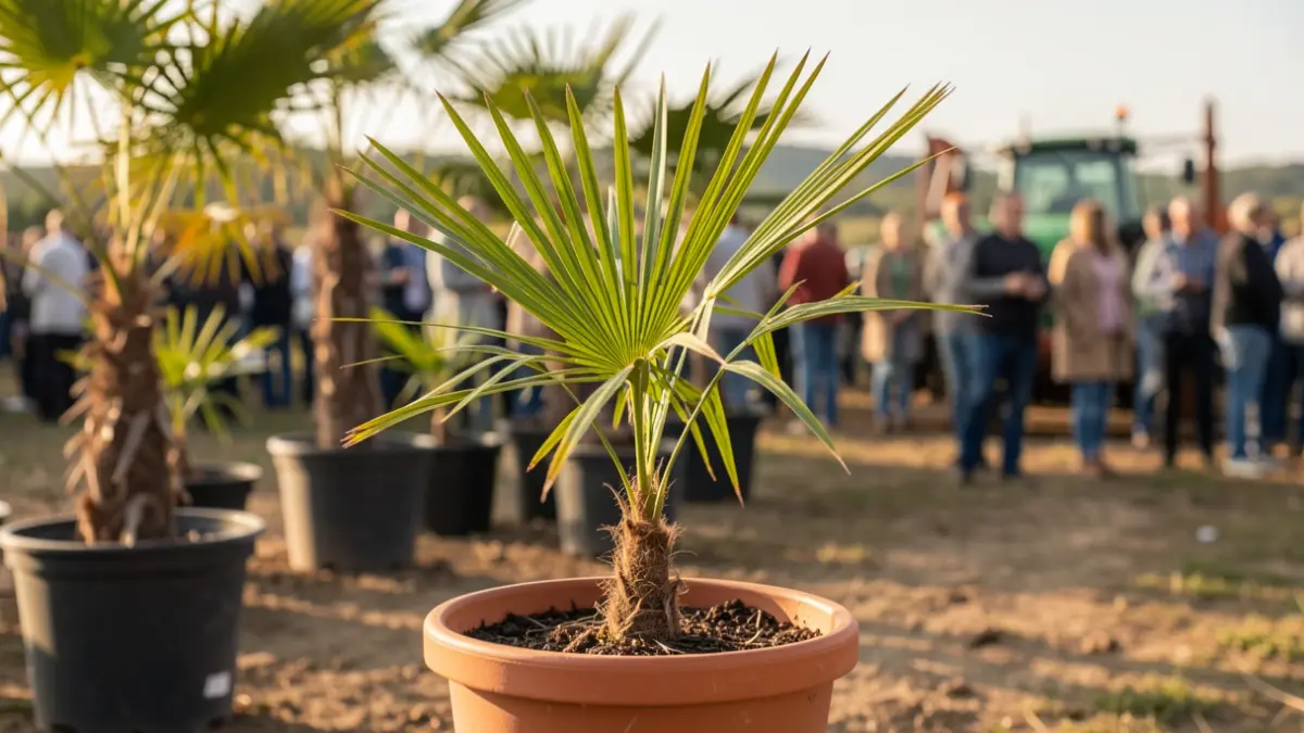 Generic image of palm tree seedlings in pots, with a blurred background of other plants and agricultural machinery.