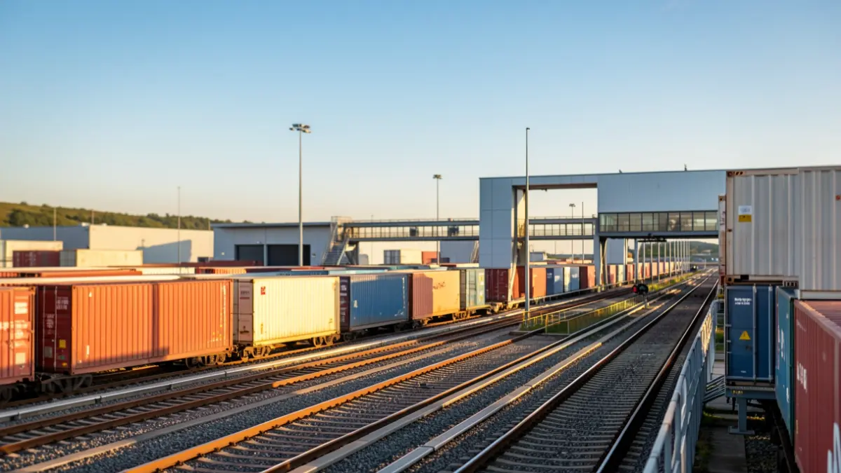 Generic image of an intermodal terminal with containers and railway tracks.