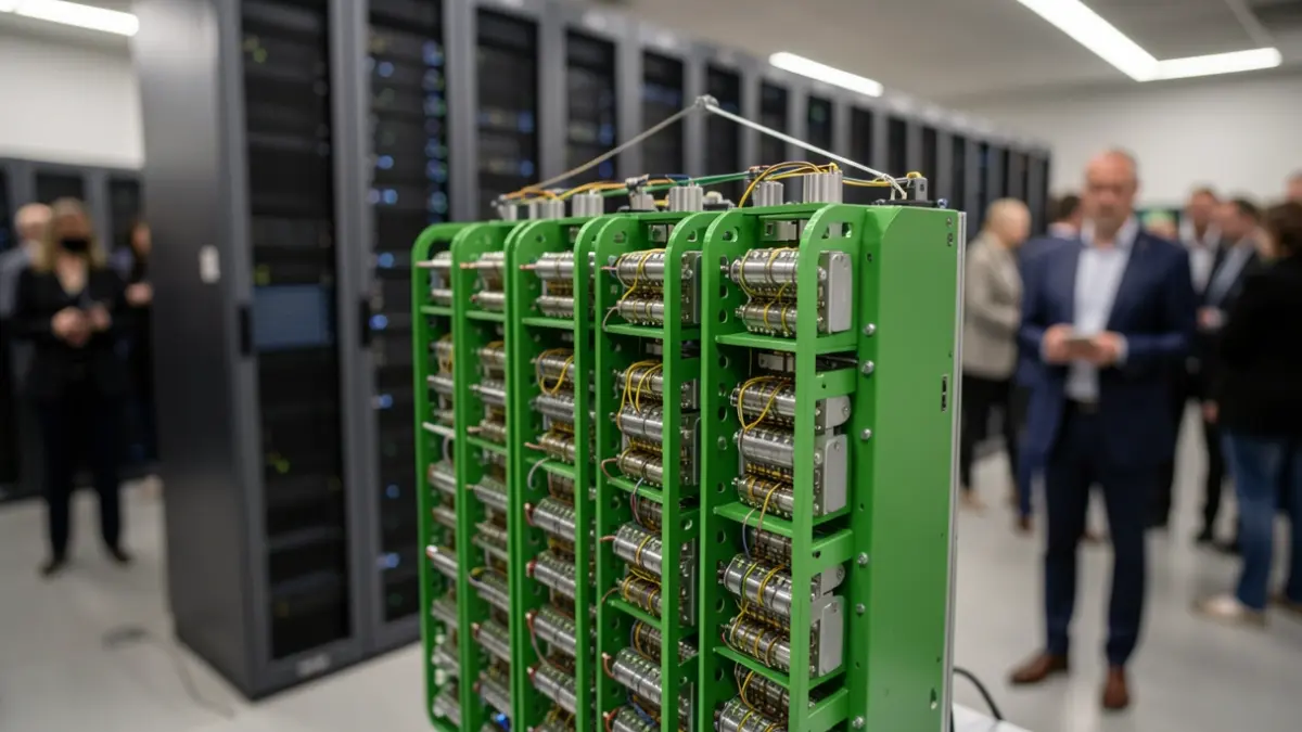 Generic image: green hydrogen fuel cell stacks, with a blurred background of data center server racks.