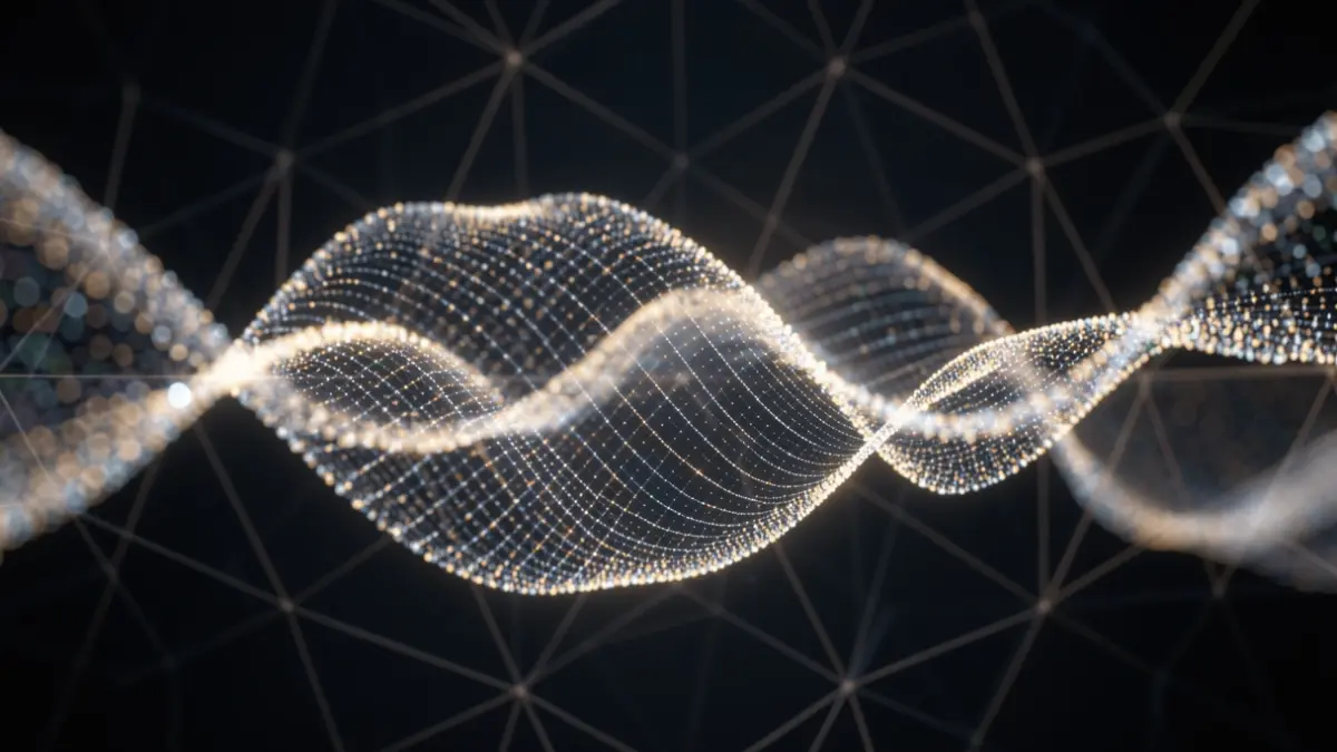 Imagen genérica de una excitación híbrida de luz y materia, representada como partículas y ondas entrelazadas.