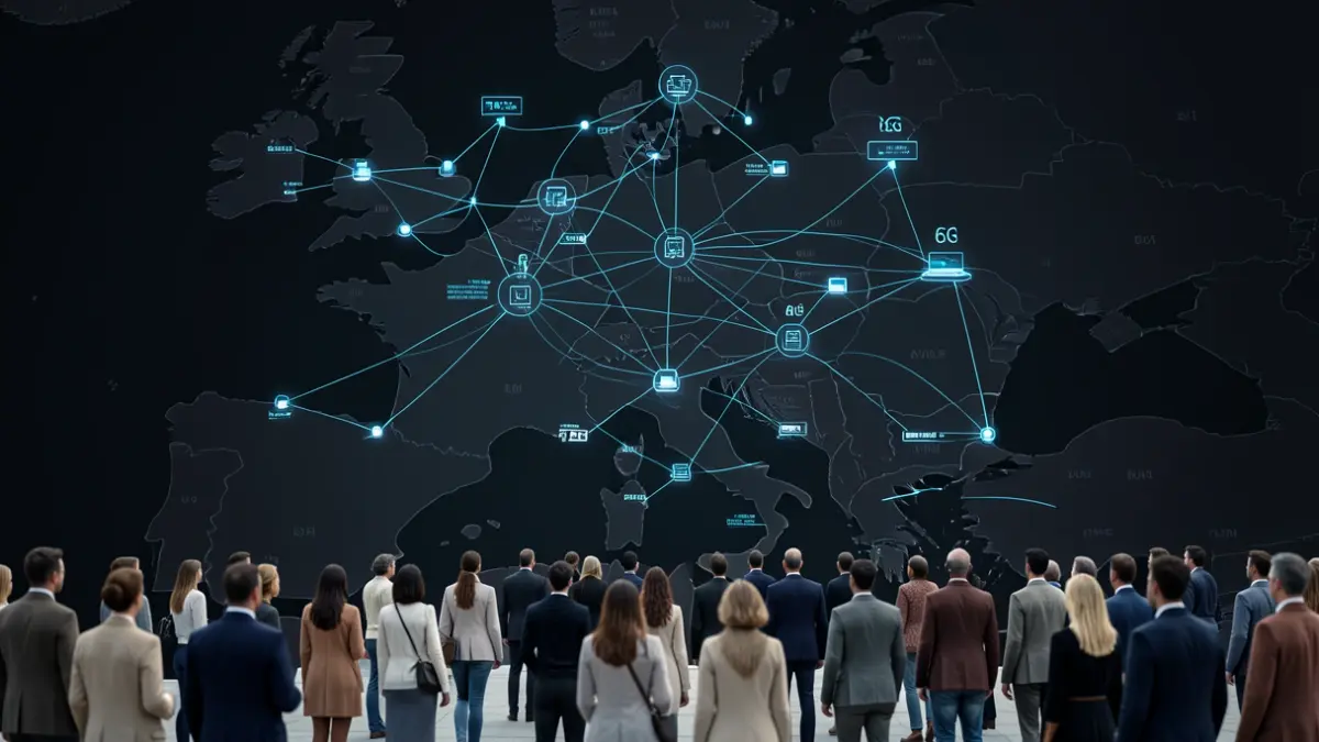 Imagen genérica de una representación abstracta de la arquitectura de redes de telecomunicaciones 6G del futuro, con nodos interconectados y flujo de datos.
