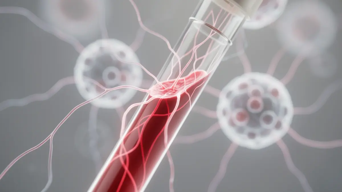 Imagen de un análisis de sangre con representaciones abstractas de neuronas y células.