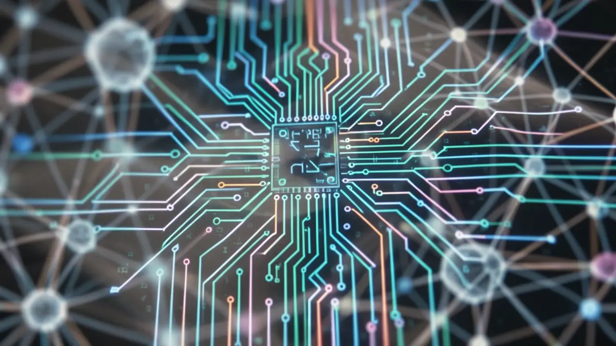 Imagen de una bandera gallega estilizada hecha de circuitos digitales y líneas luminosas, representando la fusión del idioma y la tecnología.