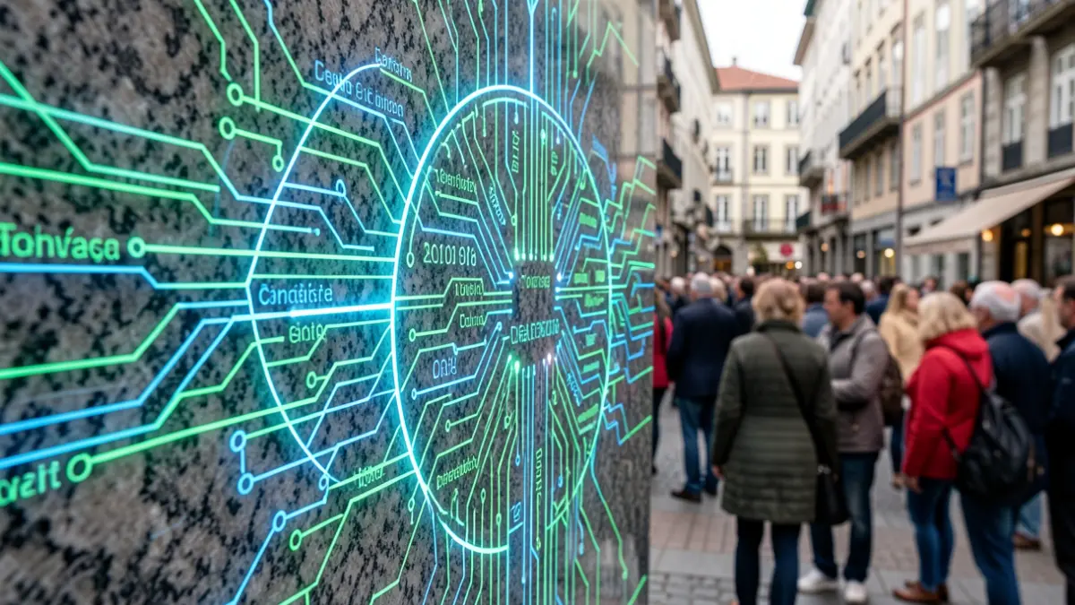 Imagen genérica de inteligencia artificial con elementos de diversidad lingüística y textura de granito gallego.