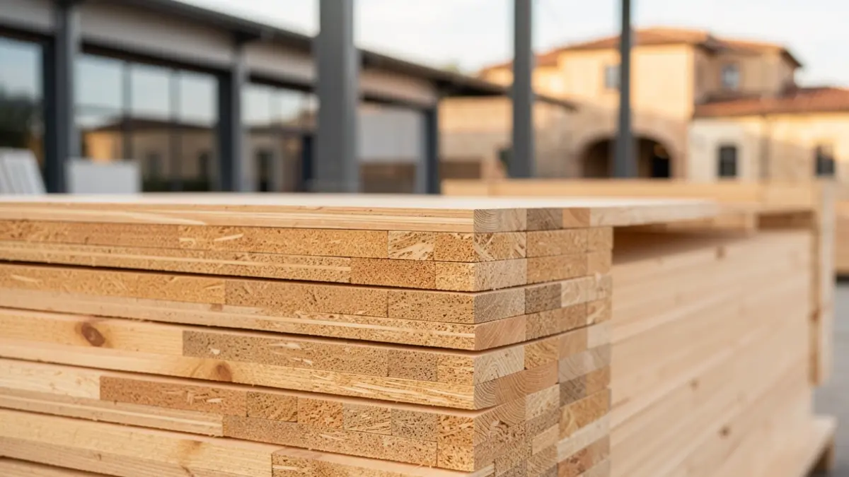 Generic image of cross-laminated timber (CLT) panels stacked in a modern industrial facility.